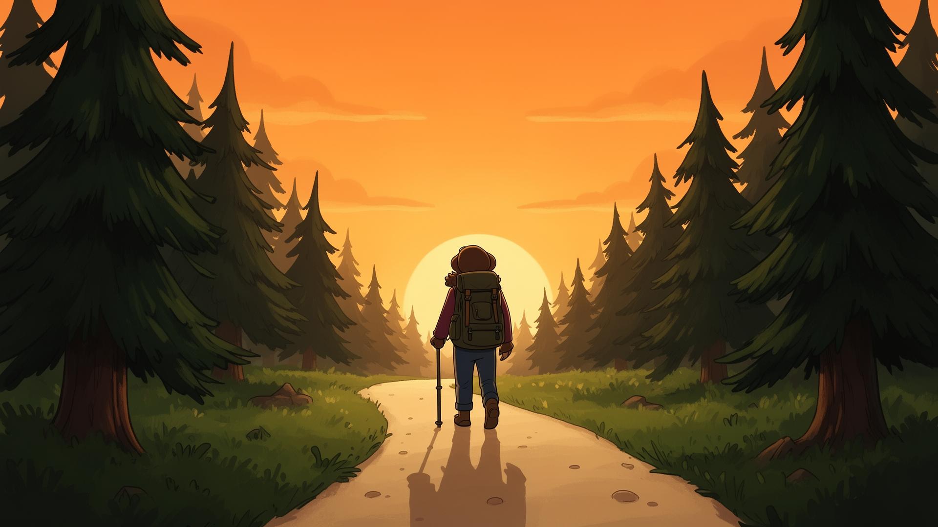 Hiker on a forest trail at sunset